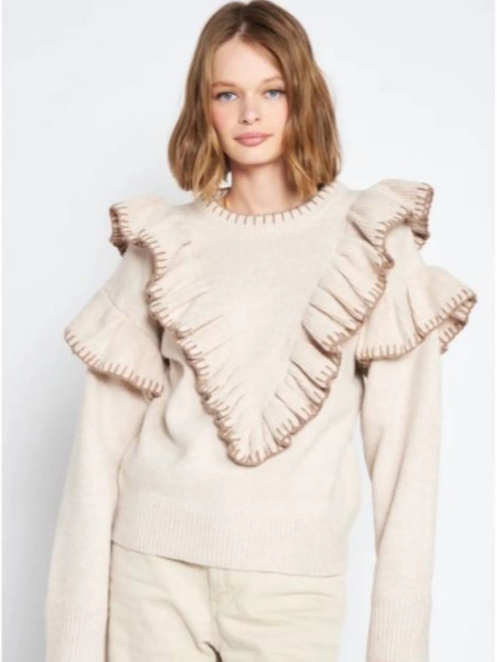 En Saison Beige Ruffle Trim Crewneck Sweater